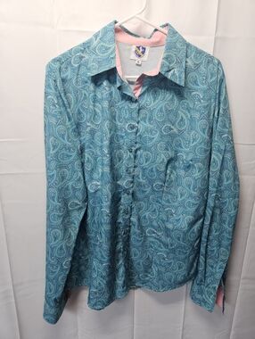 Royal Highness Equestrian Turquoise Paisley Button-Up Shirt with Pink Trim